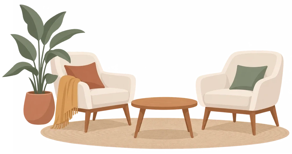 Two armchairs and a low table in a calm room